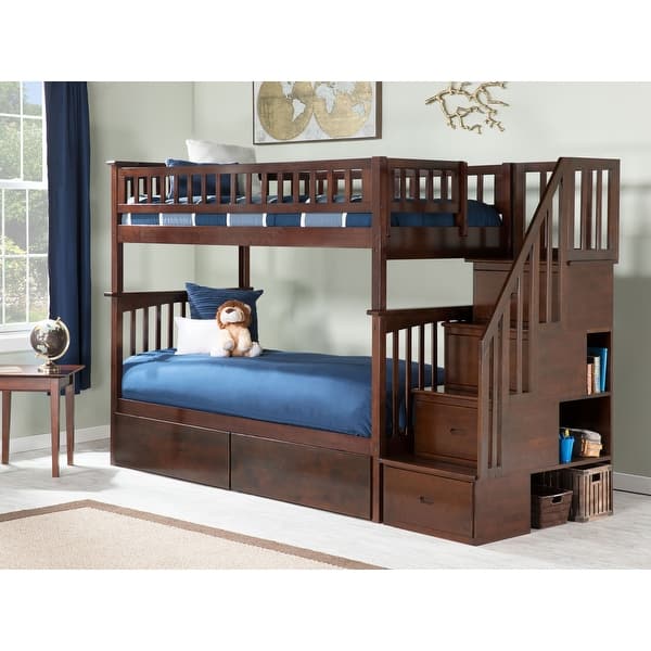 Columbia Twin over Twin Solid Wood Staircase Bunk Bed with 2 Storage ...