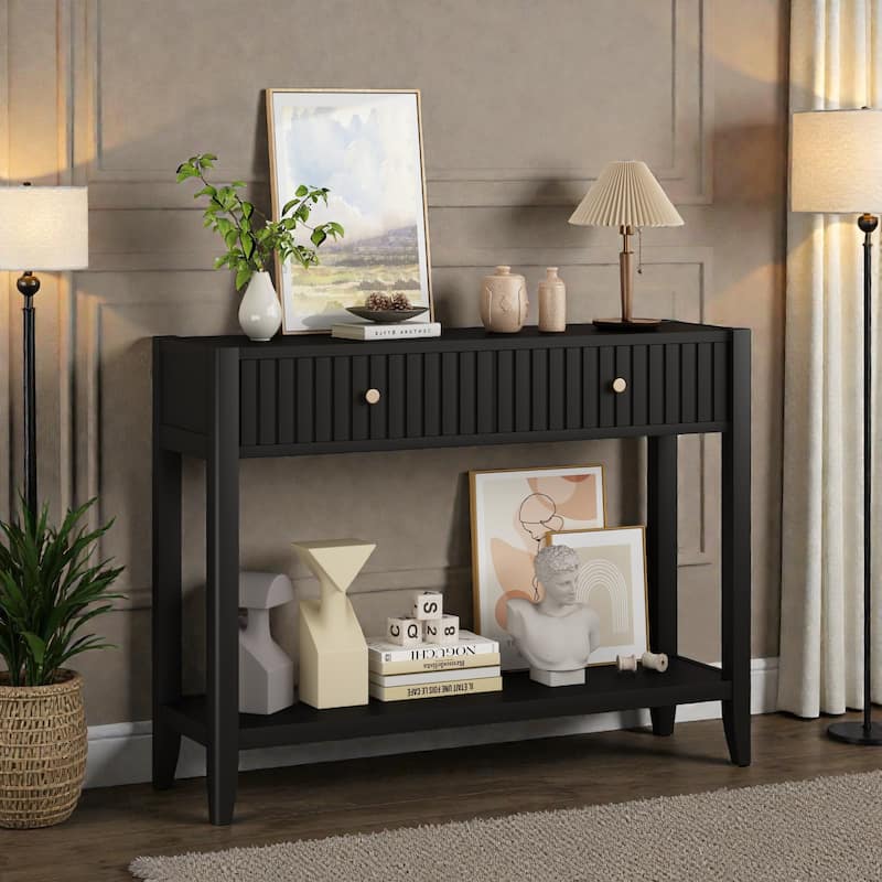Console Table with Drawers and Storage Shelf, Narrow Wood Accent Sofa Table for Entryway Hallway Living Room