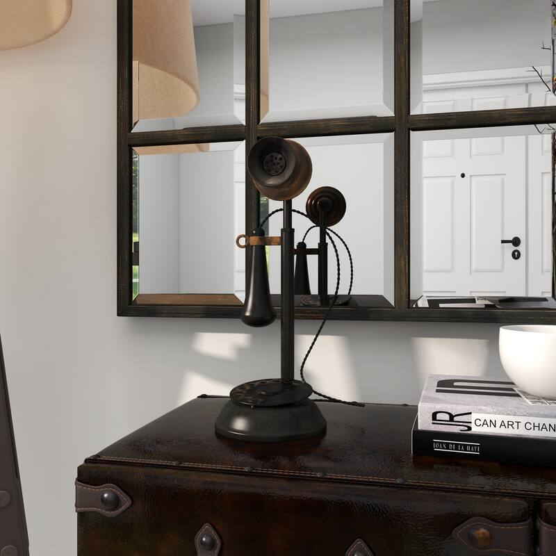 Black Metal Decorative Vintage Style Telephone Decorative Sculpture with Tiered Base and Coil Wire Detailing