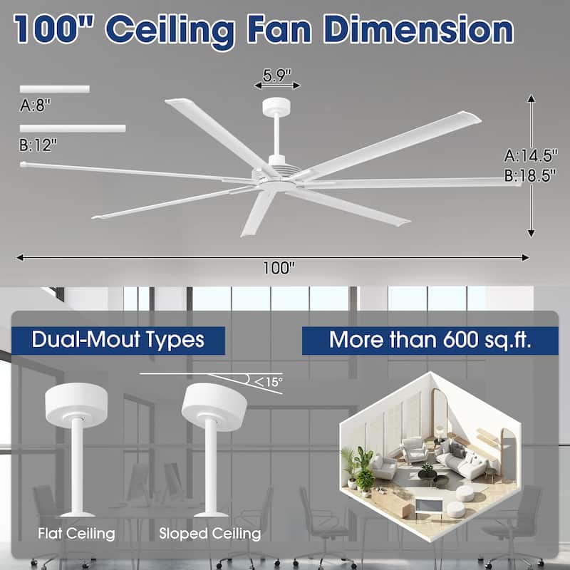 100" Indsutrial Black/ Silver/ White Extra Larger HVLS Commercial Ceiling Fan with Remote - 100" Huge Fan