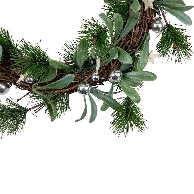 Pine Needle Silver Ball Ornament Artificial Christmas Wreath 12" Unlit