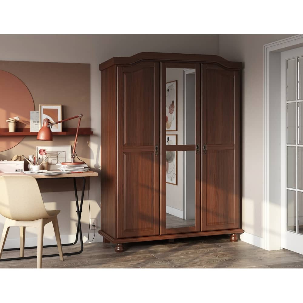 100% Solid Wood Kyle 3-Door Wardrobe Armoire with Mirrored Door
