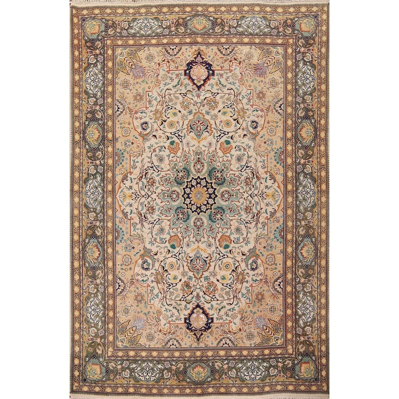Hand Knotted Oriental 100% Wool Carpet Traditional Floral Beige & Ivories Tabriz Area Rug - 9' 2'' X 6' 3''