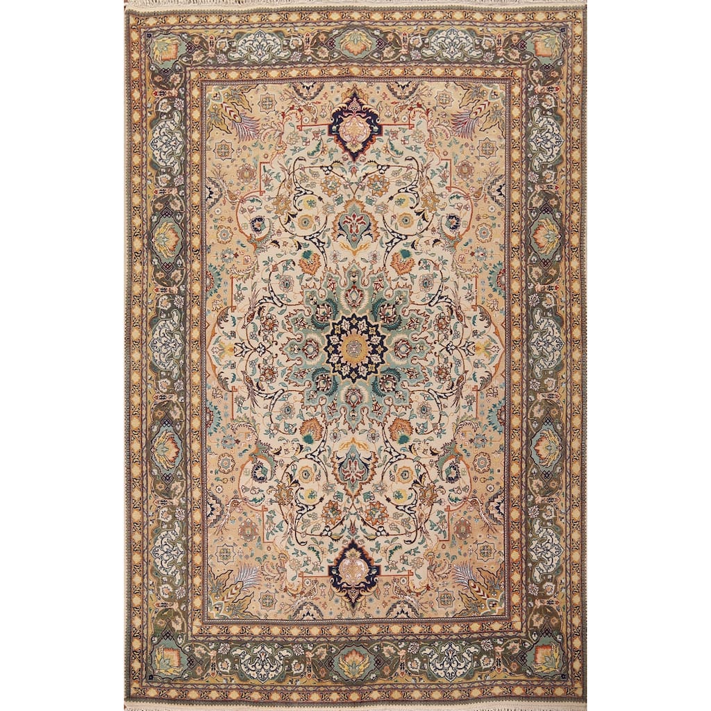 Hand Knotted Oriental 100% Wool Carpet Traditional Floral Beige & Ivories Tabriz Area Rug - 9' 2'' X 6' 3''