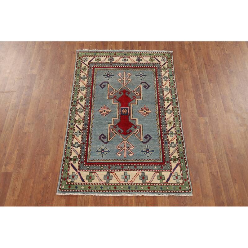 Light Blue Geometric Kazak Accent Rug Handmade Wool Carpet - 3'3" x 4'11"