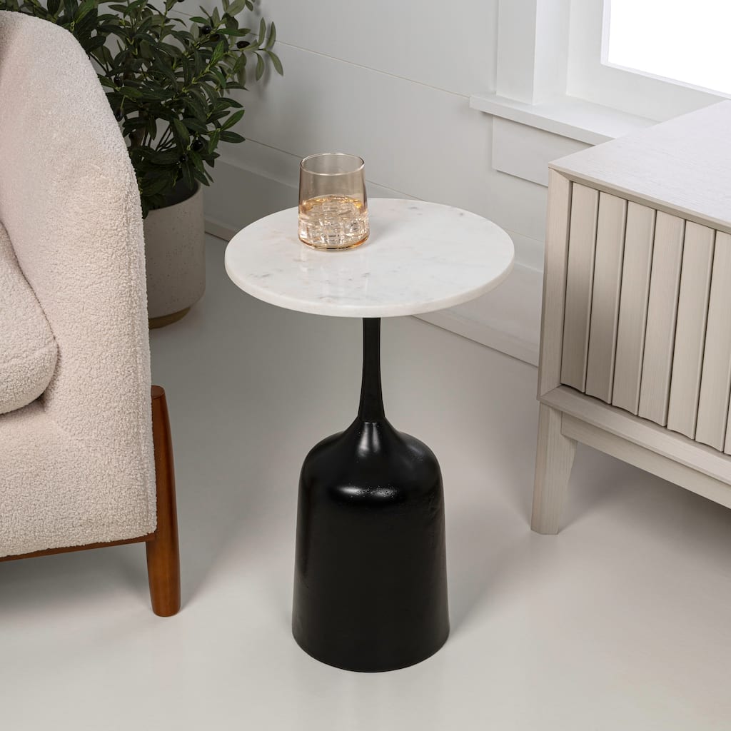 Pip 20.25″ Metal Drink, End Table w/ White Marble Round Top & Bell Pedestal Base, By JONATHAN Y