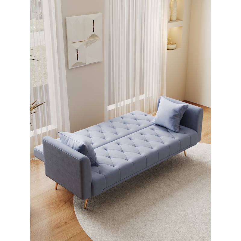 Velvet Loveseat Sofa Adjustable Backrest Sleeper Sofa Bed with 2 Pillow Upholstered Deep Seat Sofa, Tufted Couch