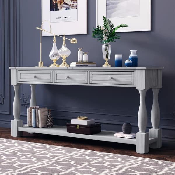 slide 2 of 15, Console Table 64" Long Extra Thick Sofa Table with Drawers and Shelf Grey