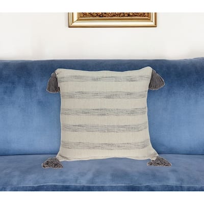 HomeRoots 18" Beige and Gray Striped Cotton Throw Pillow With Tassels