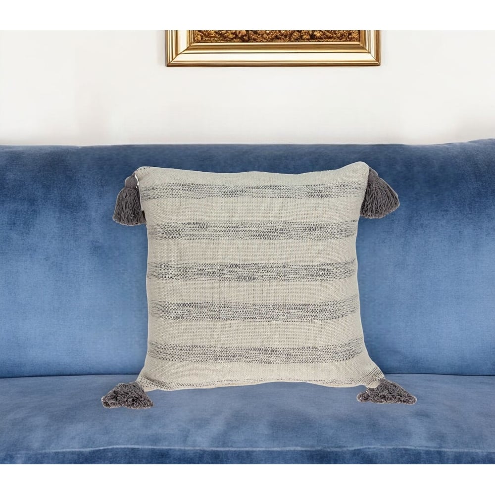 HomeRoots 18" Beige and Gray Striped Cotton Throw Pillow With Tassels