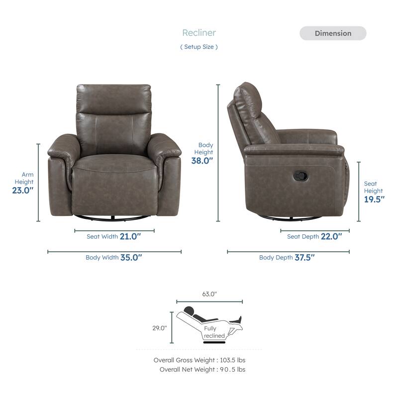 Koa 35" Leather Swivel Glider Reclining Chair - Gentle Gliding Motion