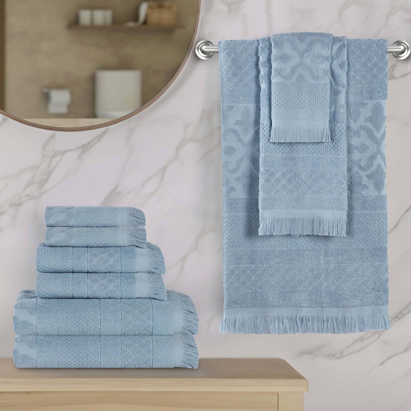 Superior Rolla Cotton Geometric Jacquard Plush Soft 9 Piece Towel Set - Blue