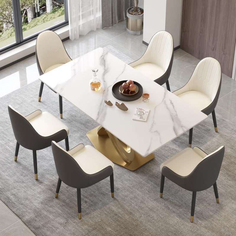 70'' White Sintered Stone Dining Table with Stainless Steel Gold Pedestal - White