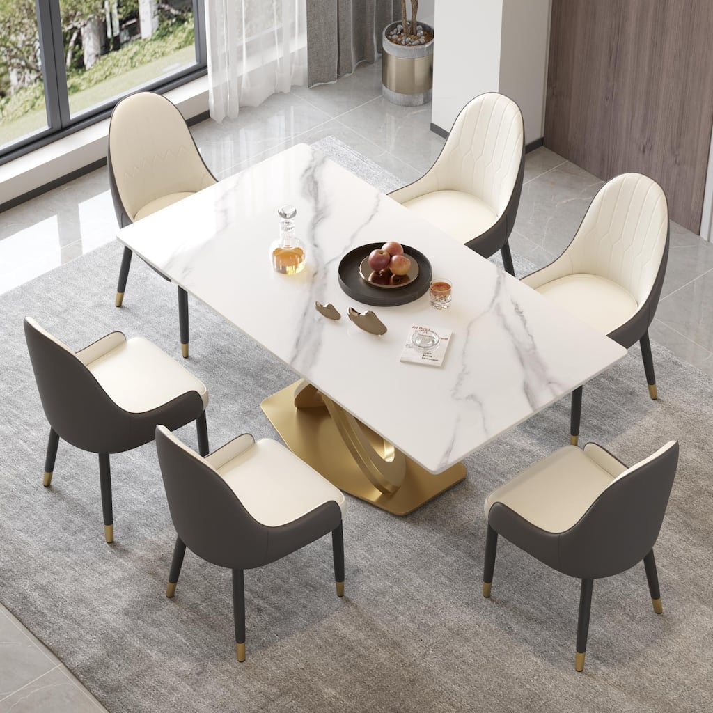 70'' White Sintered Stone Dining Table with Stainless Steel Gold Pedestal