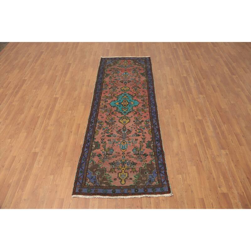 Hand Knotted Oriental 100% Wool Carpet Traditional Floral Pink Hamedan Runner Rug - 8' 10'' X 3' 1''