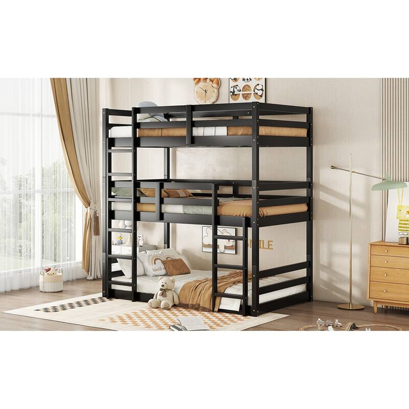 Roomfitters Triple Rubber Wood Bunk Bed, Detachable Twin over Twin over Twin with Ladders and Guardrails
