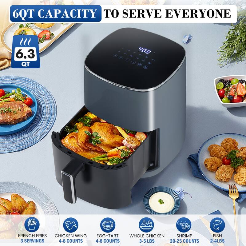 6QT Square Air Fryer with Viewing Window, 12-in-1 Multi-Function Oven, Nonstick Dishwasher-Safe Basket