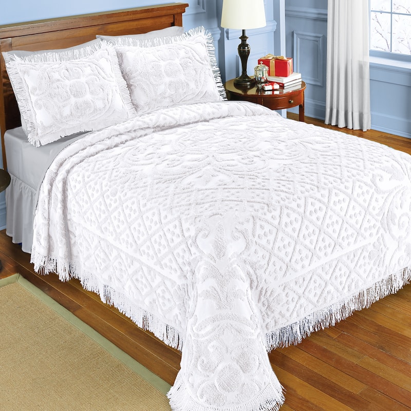Diana Textured Design Fringe Border Chenille Bedspread - White - Queen