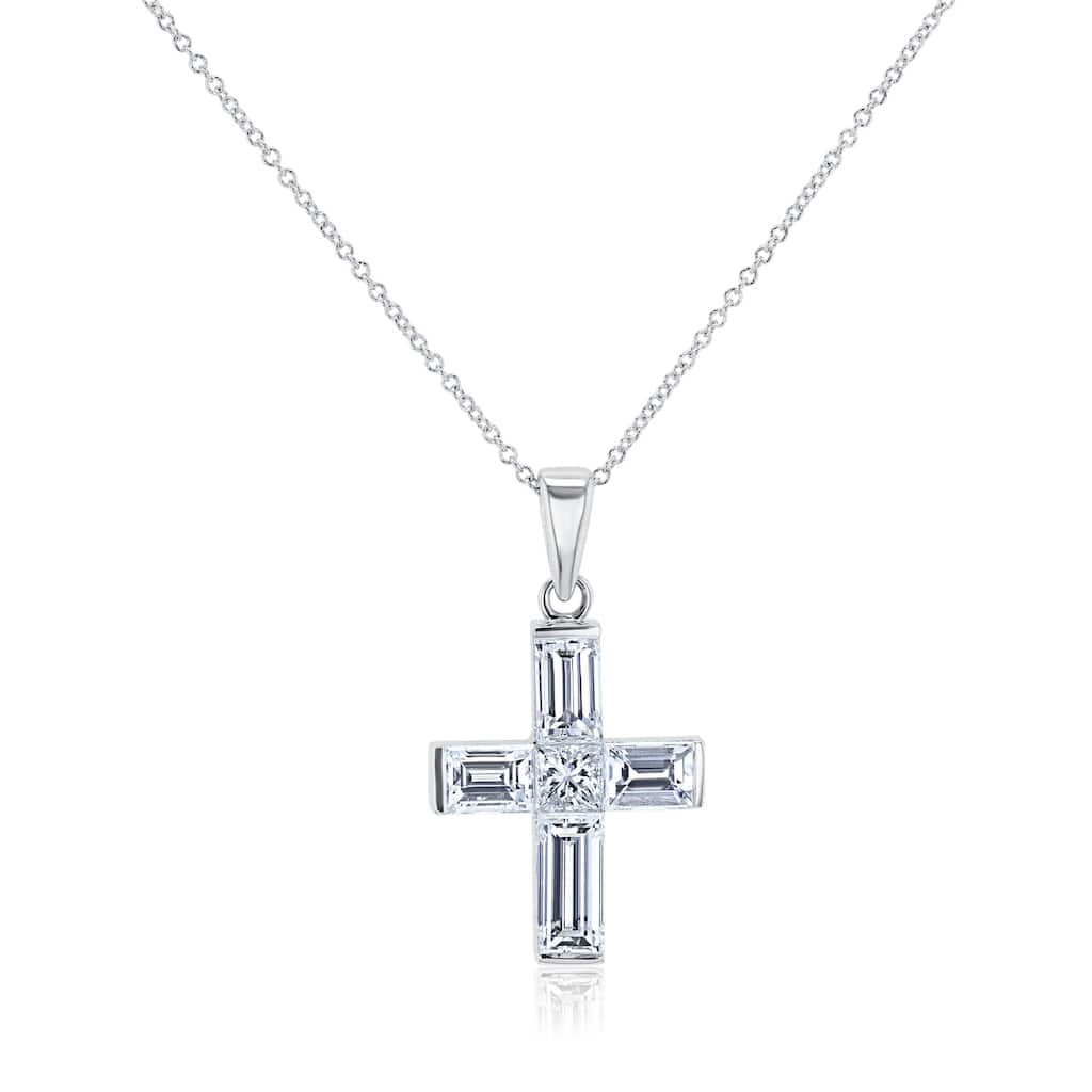 Kobelli 2.9 Carats Natural Diamond Solid 18k White Gold Princess and Baguette-cut Religious Cross Faith Necklace (FG/VS)