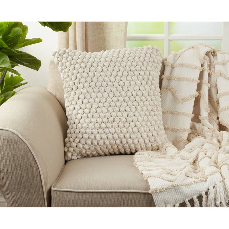 Cotton Throw Pillow With Crochet Pom Pom Design And Down Filling - White
