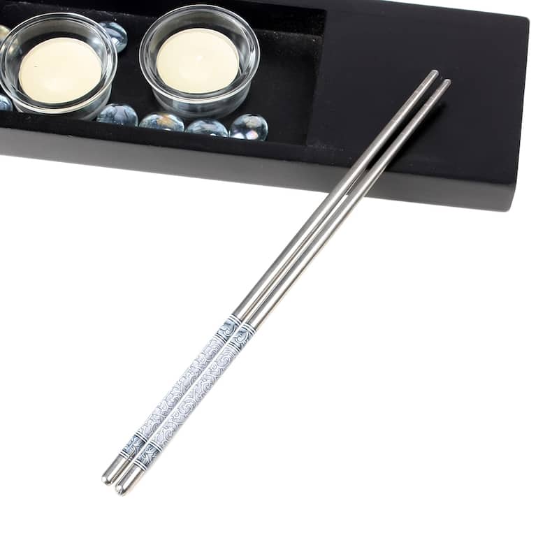8.9" Length Gray Vine Pattern Stainless Steel Chopsticks Pair - Siver Tone, Gray