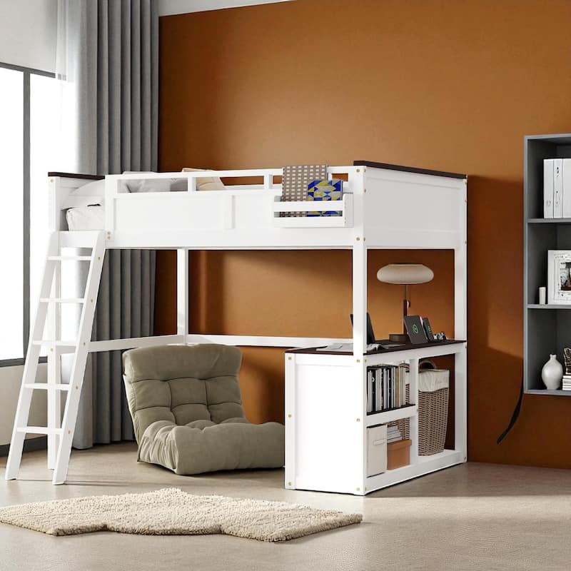 Queen Size Loft Bed with Desk, Open Shelves, Storage Box, USB Charging Station, White Wooden Loft Bed Frame