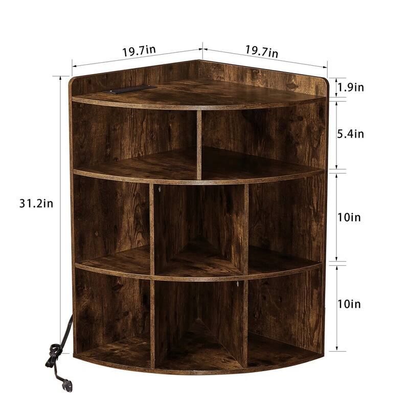 VECELO 4-Tier Adjustable Corner Bookshelf with Charging Station 3 AC Outlets & 2 USB Ports Waterproof Eco-Friendly Design