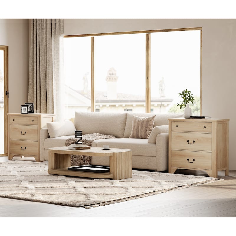 WAMPAT Large Farmhouse Nightstand with 3 Drawers,Wooden End Table - Oak - 6-drawer