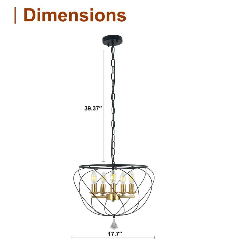 CurveCurio 18" Caged Minimalism Industrial Modern Chandelier with 70" Adjustable Hanging Chain and 5 Lights - 18" * 18" * 12"