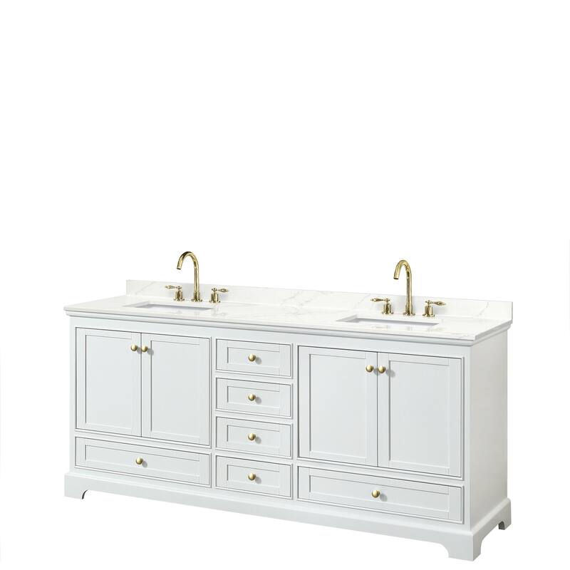 Deborah 80-inch Double Vanity, Quartz Top - White, Gold Trim, Giotto Quartz Top