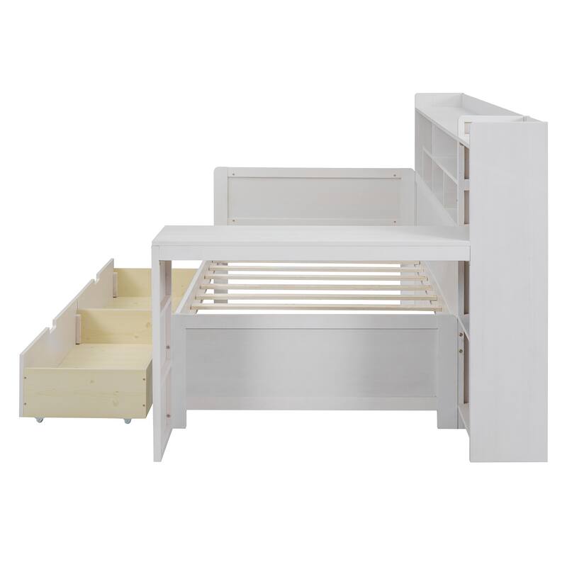 Wooden Twin Size Daybed with Storage Shelves, Multi-functional Bed with Two Storage Drawers and Study Desk