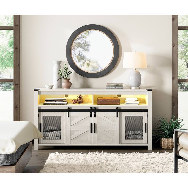 LED Farmhouse Entertainment Center with Mesh and Barn Doors, 31" H