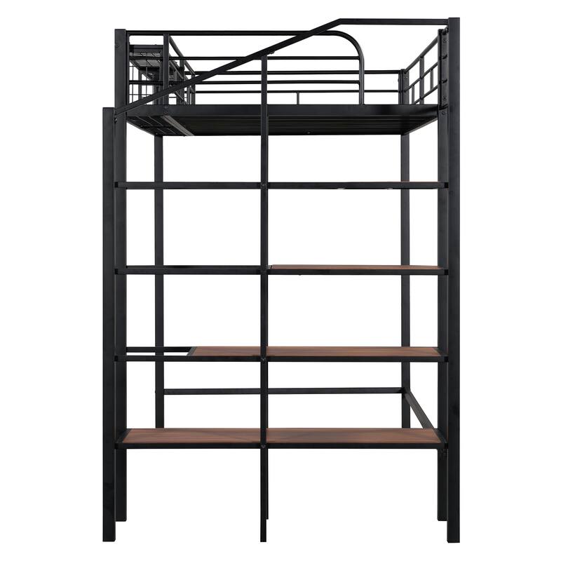 Twin Size Metal Loft Bed with Storage Shelf and Ladder, Black