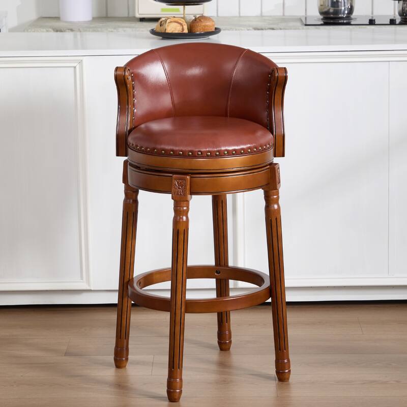 Cow top Leather Wooden Bar Stools, 360 Degree Swivel Bar Chair with Backs, Bar height Couner Height Barstools (1pc)