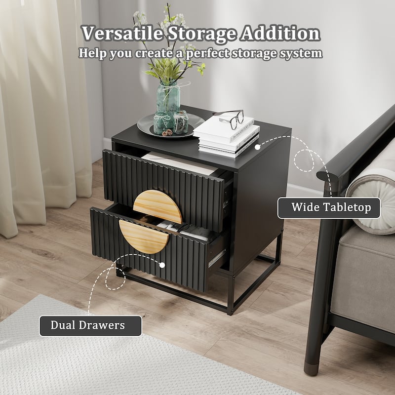 Modern Wooden Fluted Nightstand with 2 Storage Drawers and Metal Base for Bedroom