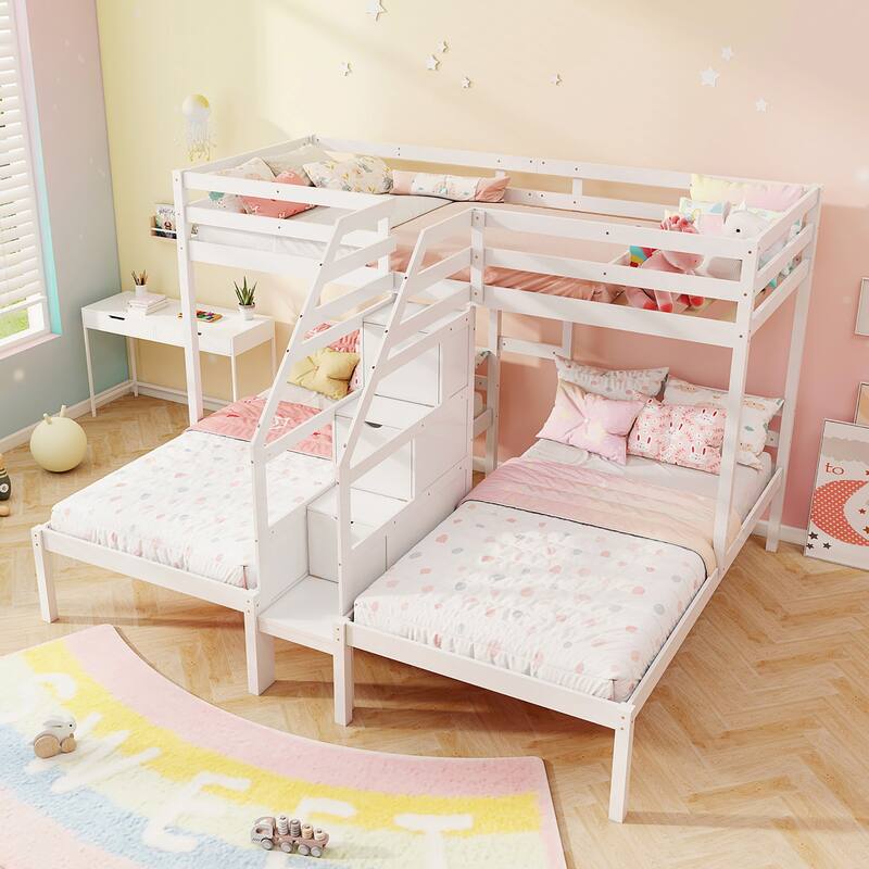 Gymax Wooden Twin Over Twin & Twin Bunk Bed w/ 4-Step Storage