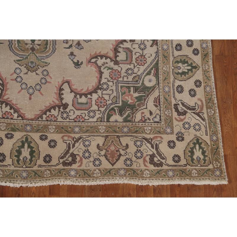 Beige Tabriz Persian Vintage Area Rug Handmade Wool Carpet - 6'3"x 9'7"