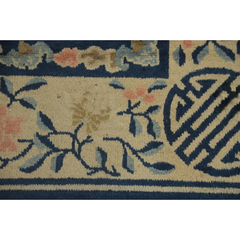Hand Knotted Oriental 100% Wool Carpet Traditional Floral Navy Blue & Blues Art Deco Area Rug - 8' 9'' X 5' 10''