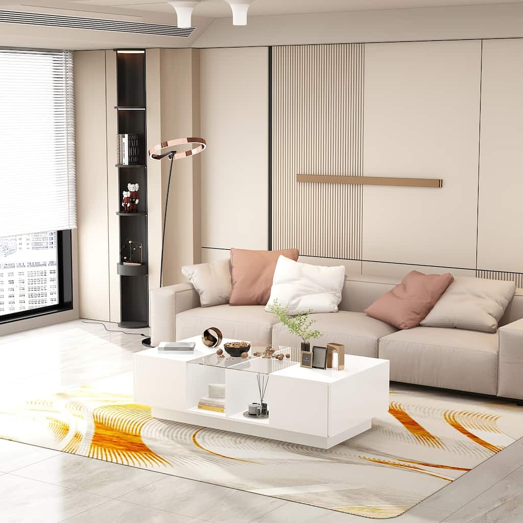 LED Coffee Table Modern High Glossy Coffee Table with Glass Design - 47.4"