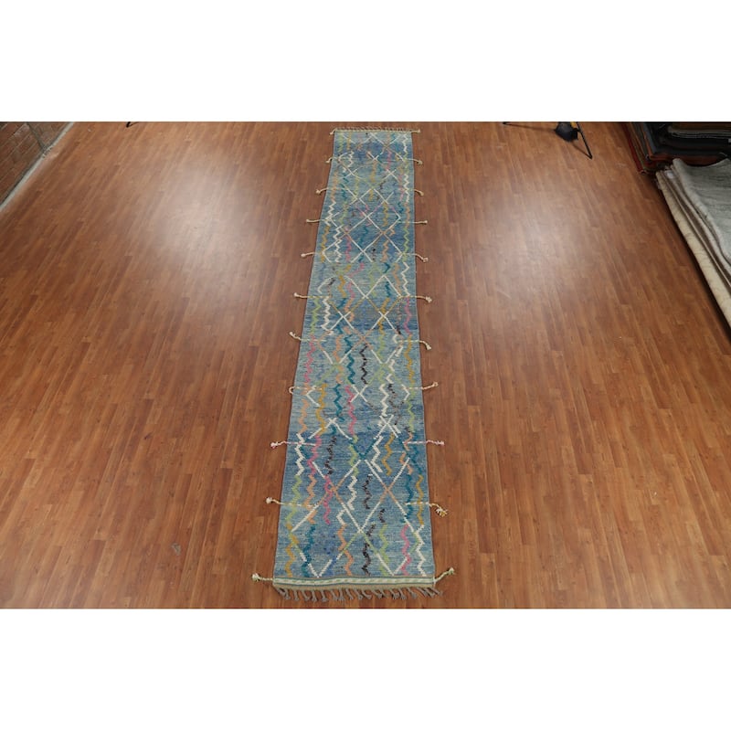 Contemporary Blue Moroccan Runner Rug Hand-Knotted Wool Carpet - 2'10"x 16'1"