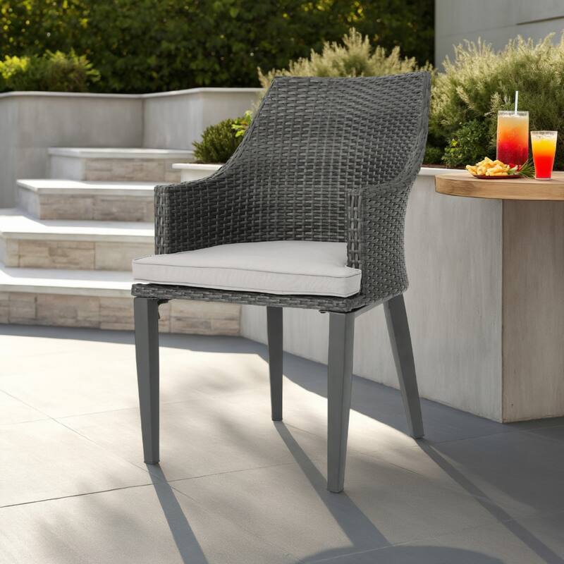 Ellish Outdoor Dining Armchair Set of 2, Gray Faux Wicker, Metal Frame