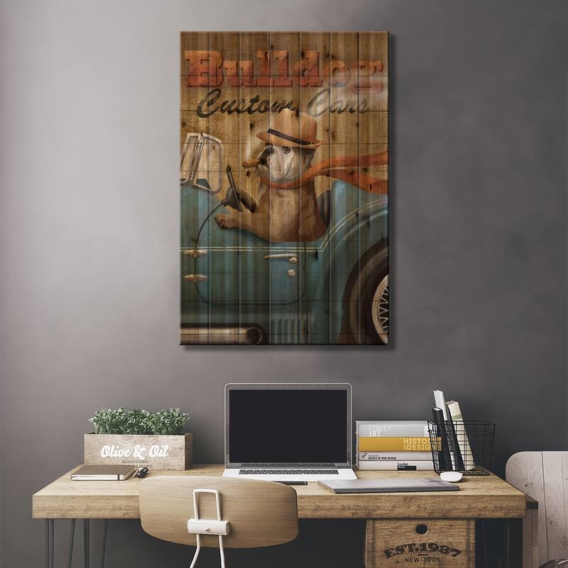 Bulldog Custom Cars Print On Wood by Conrad Knutsen - Multi-Color