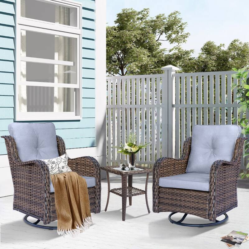 3 Piece High Back Outdoor Wicker Patio Conversation Swivel Chairs Set