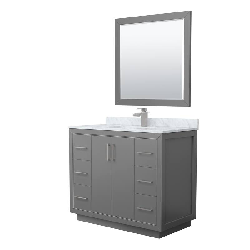 Icon Single Vanity Set, White Carrara Marble Top, 34-Inch Mirror - Dark Gray, Nickel Trim, White Carrara Marble Top