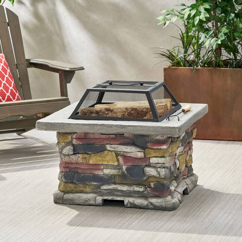 28" Concrete Wood Burning Outdoor Fire Pit Table with Lid - Stone Gray - Stone Gray