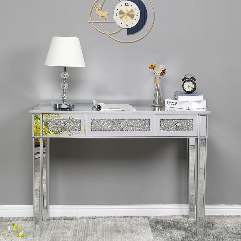 Silver MDF Mirror Broken Glass Surface Three Drawer Computer Desk
