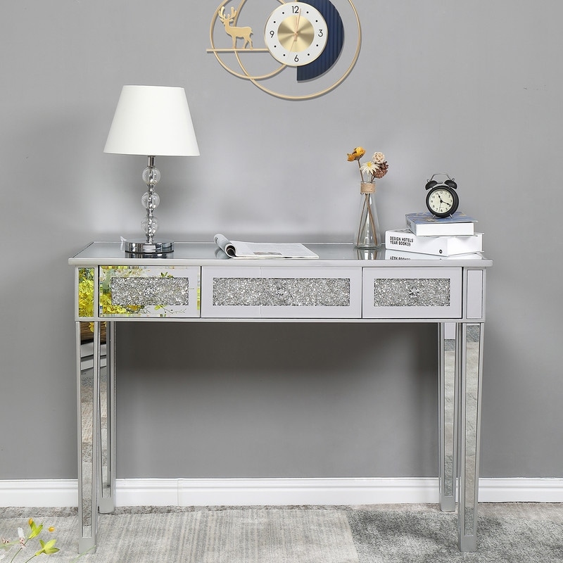 Silver MDF Mirror Broken Glass Surface Three Drawer Computer Desk