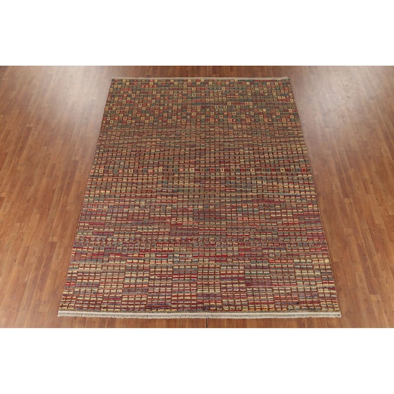 All-Over Checkered Moroccan Modern Area Rug Hand-Knotted Wool Carpet - 7'10"x 10'2"