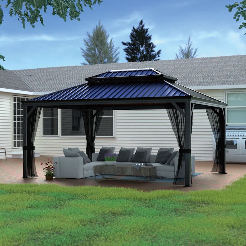 VEIKOUS 10'x12' Double Roof Patio with Netting & Ceiling Hooks, Vented UV Protection Gazebo for Backyard - 12'×16'