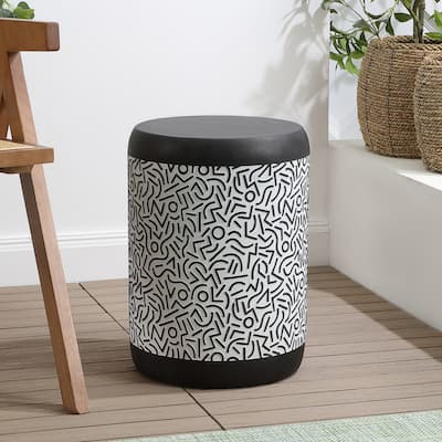Kiri 17.75" Modern Bohemian Geometric Drum Garden Stool, Black/White, by JONATHAN Y